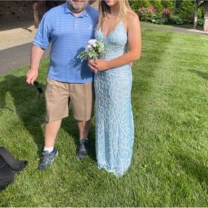Blue and white prom dress with white bead decal